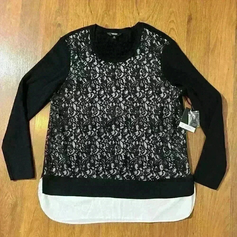 NWT Simply Vera Wang Womens Black White Knit Blouse Top Ribbed XL
